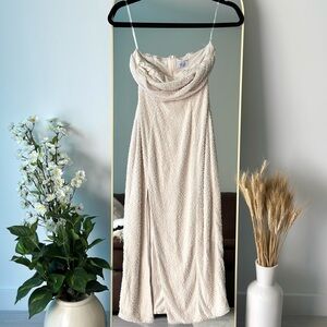 Verbier - Embellished Bandeau Cowl Neck Midi Dress from Oh Polly - Size 4 Ivory